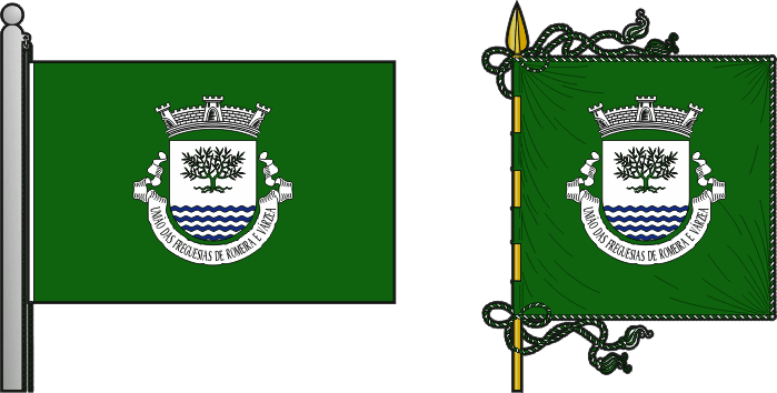 Bandeira e estandarte da União das freguesias de Romeira e Várzea - Romeira and Várzea civil parishes union flag and banner Bandeira e estandarte da União das freguesias de Romeira e Várzea - Romeira and Várzea civil parishes union flag and banner