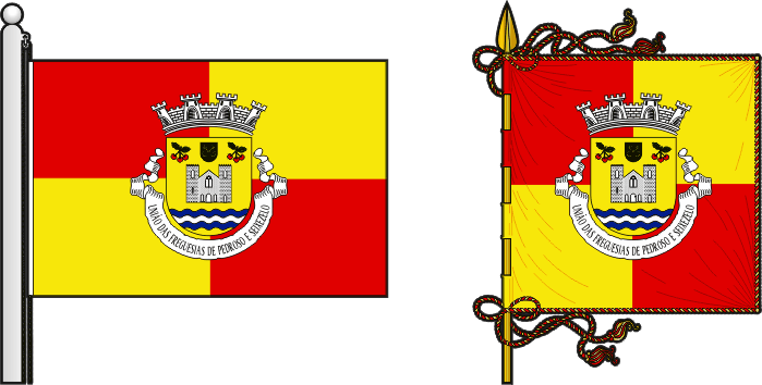 Bandeira e estandarte da União das freguesias de Pedroso e Seixezelo - Pedroso and Seixezelo civil parishes union flag and banner Bandeira e estandarte da União das freguesias de Pedroso e Seixezelo - Pedroso and Seixezelo civil parishes union flag and banner